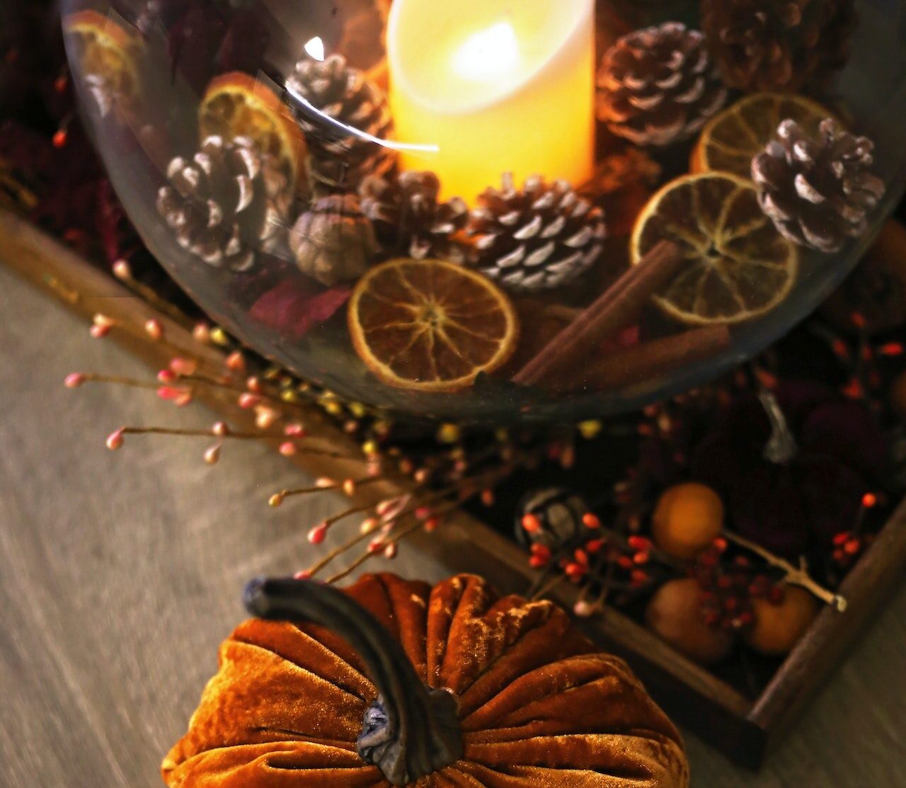 pumpkin pine cones dried orange candles autumn decor